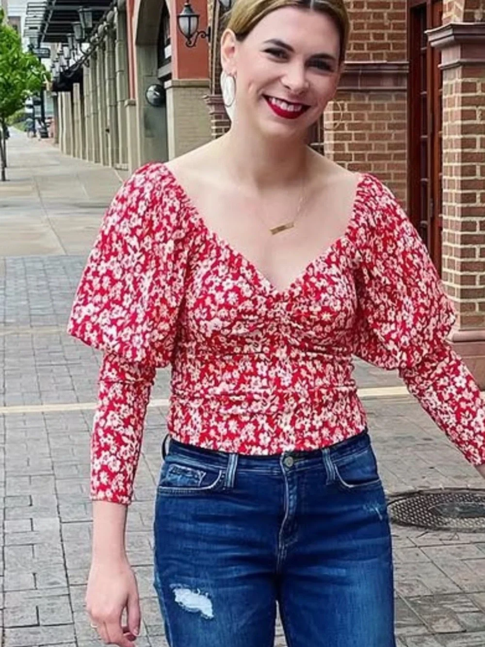 Anthropologie Red and White Floral Puff-Sleeve Square-Neck Top